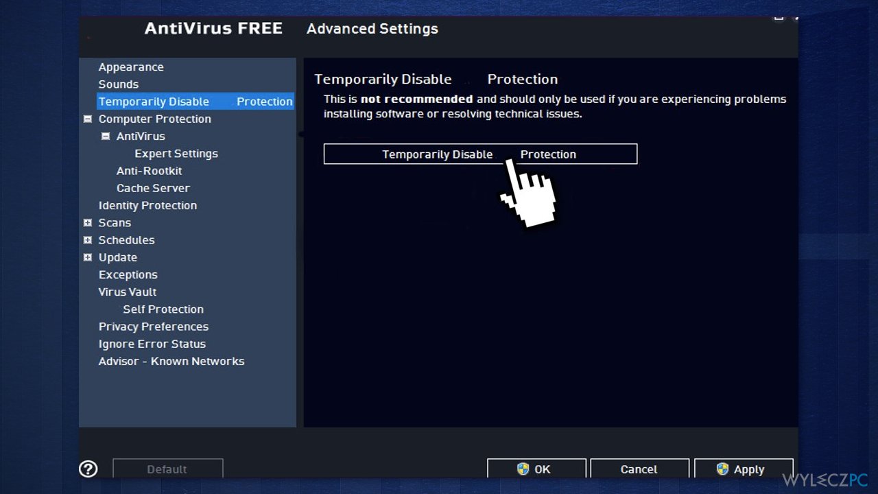 Disable third-party antivirus software